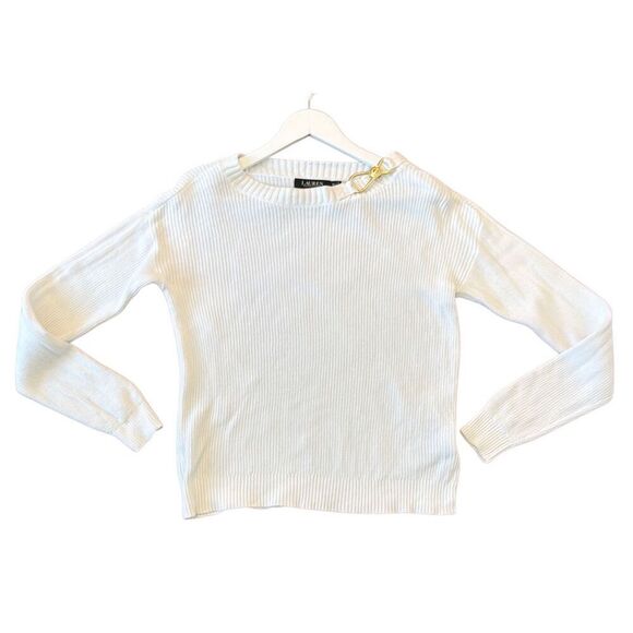Lauren Ralph Lauren white ribbed gold buckle neck sweater petite small - Picture 1 of 12